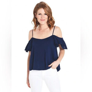 Aqua women’s navy blue pullover cropped flutter hem Strappy Short Sleeve Top XS